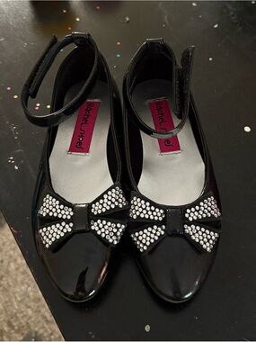 Rachel Shoes Black Patent Mary Jane Flats with Crystal Bow Accent